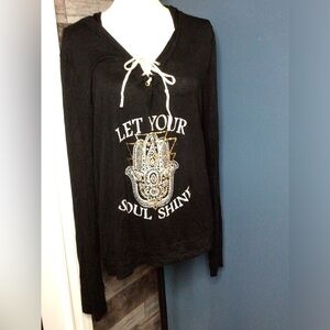 Black  & White Graphic Tie Front Crew Neck Long Sleeve hooded T-Shirt (0164)